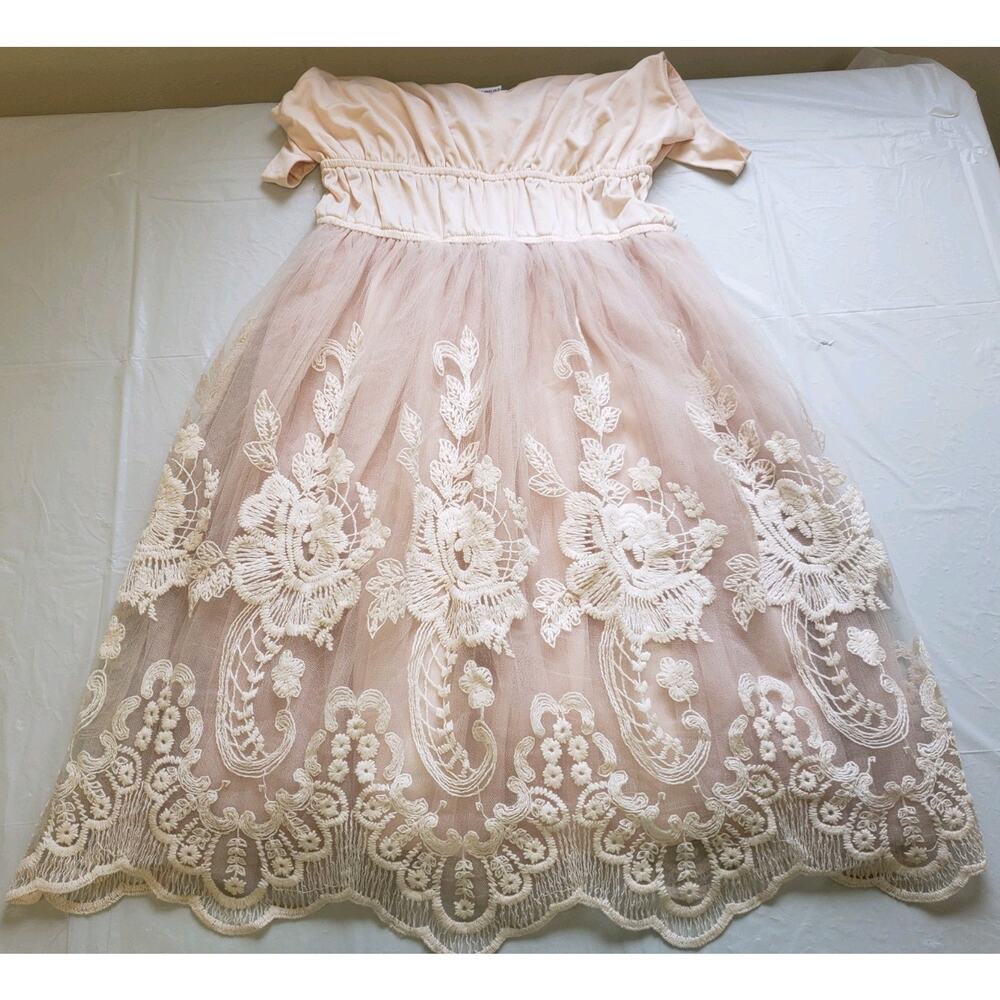 Pinky Embroidered Floral Tulle Dress Pink Peach Pastel SZ M